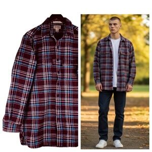Vtg LL Bean Chamois Camp Shirt Heavy Flannel Shirt Mens Medium Tall Burgundy